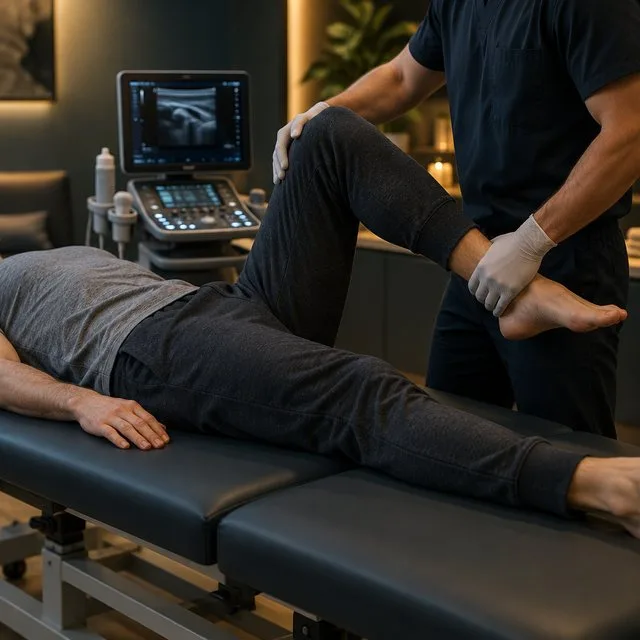Clinician assessing hip range of motion